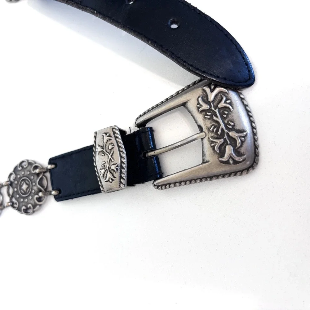 Western Concho Womens‎ Vintage Boho Chain Belt M/L Black Silver Floral Festival